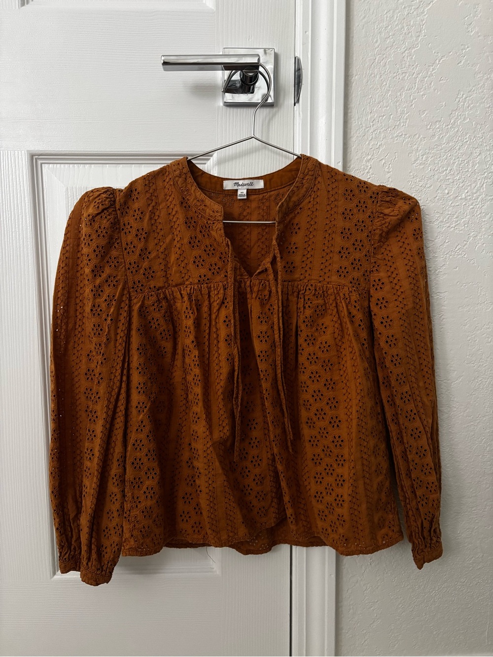 Madewell Rust Eyelet Tie-Neck Peasant Blouse